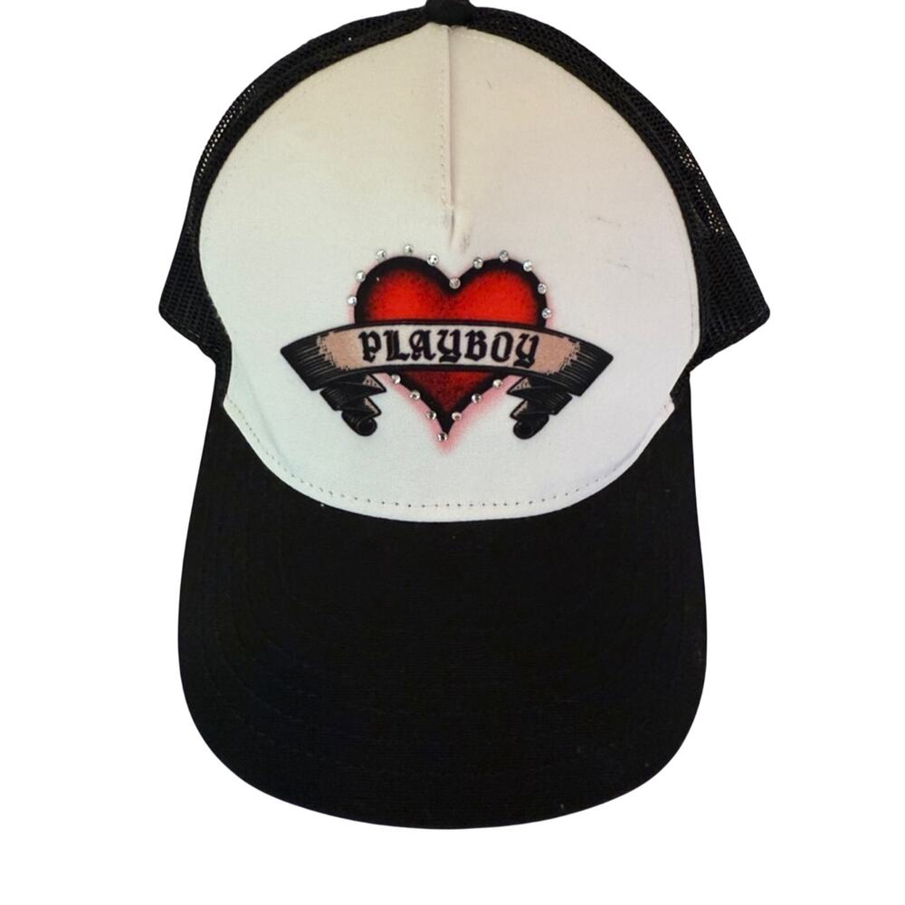 Pacsun Snap Back Hat Y2K Playboy Tattoo Style Banner Rhinestone Heart Trucker‎